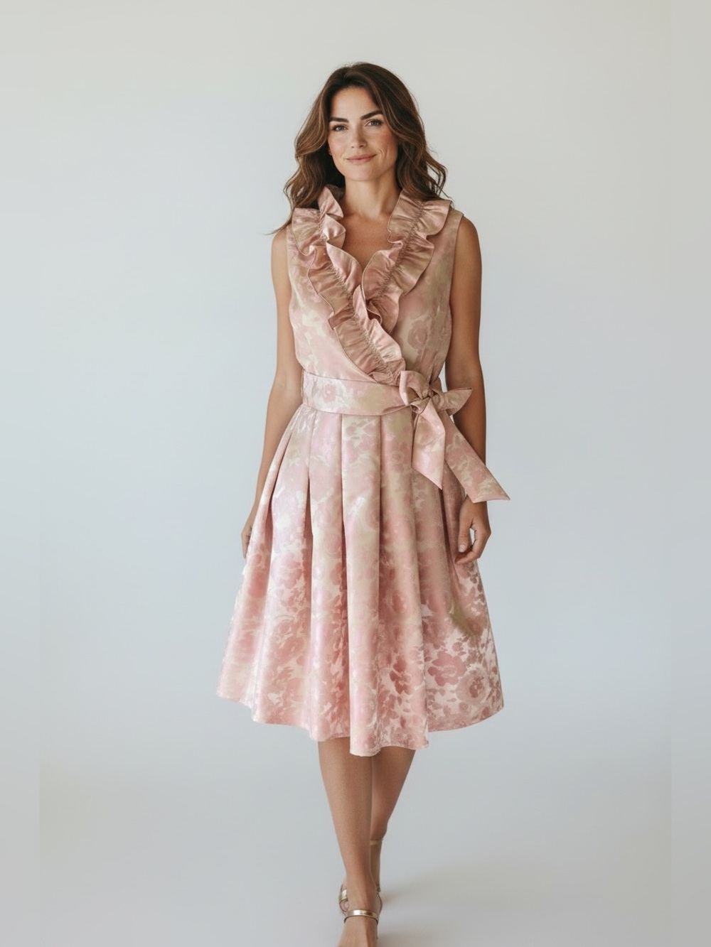 Eliza J Pink Floral Jacquard Ruffle Belted Tie Waist Midi Dress, 14P